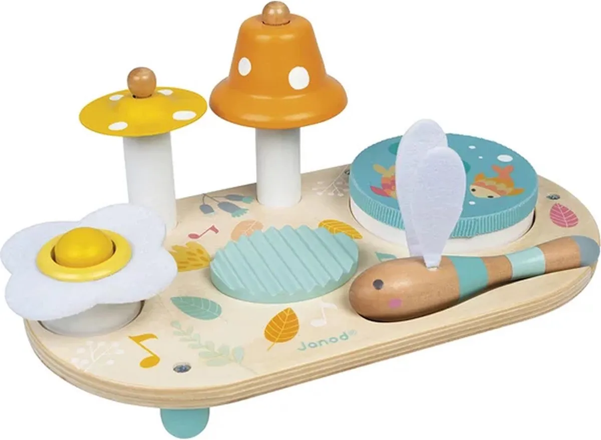 Janod Pure - Muziektafel - Bestaat Uit Een Cymbaal, Een Klok, Een Krabber, Een Bel En Een Afneembare Tamboerijn - Geschikt Vanaf 1 Jaar