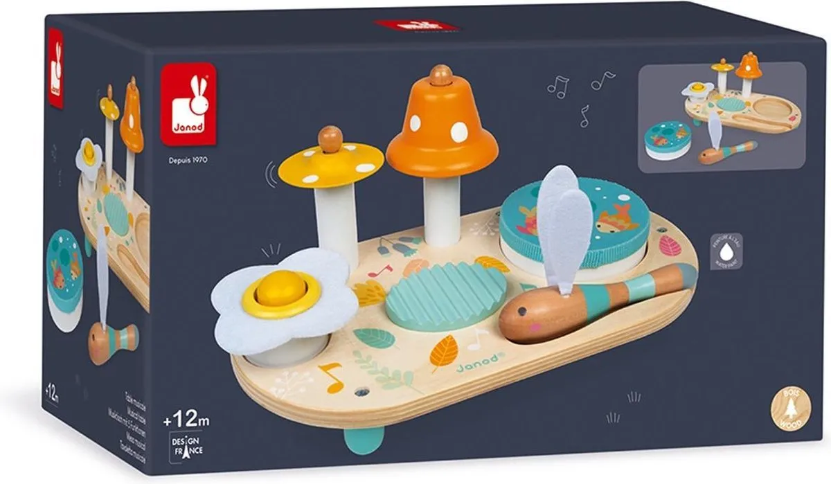 Janod Pure - Muziektafel - Bestaat Uit Een Cymbaal, Een Klok, Een Krabber, Een Bel En Een Afneembare Tamboerijn - Geschikt Vanaf 1 Jaar