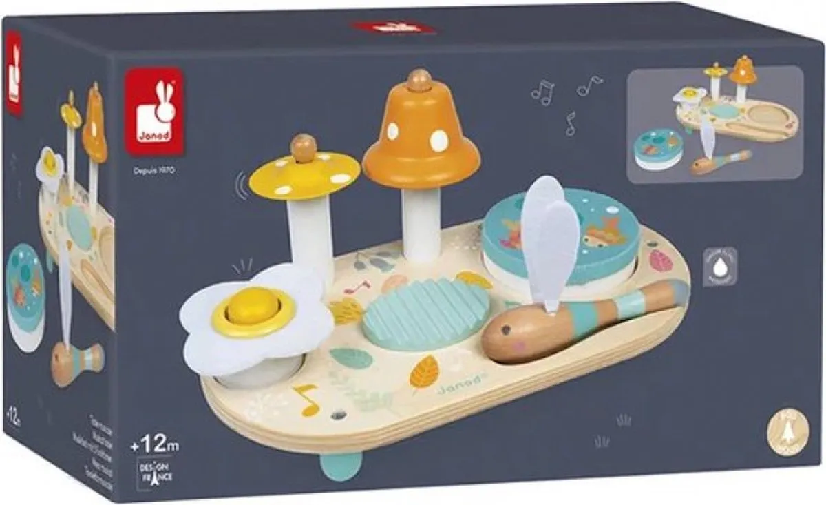 Janod Pure - Muziektafel - Bestaat Uit Een Cymbaal, Een Klok, Een Krabber, Een Bel En Een Afneembare Tamboerijn - Geschikt Vanaf 1 Jaar