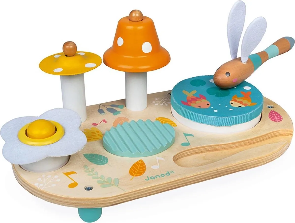 Janod Pure - Muziektafel - Bestaat Uit Een Cymbaal, Een Klok, Een Krabber, Een Bel En Een Afneembare Tamboerijn - Geschikt Vanaf 1 Jaar