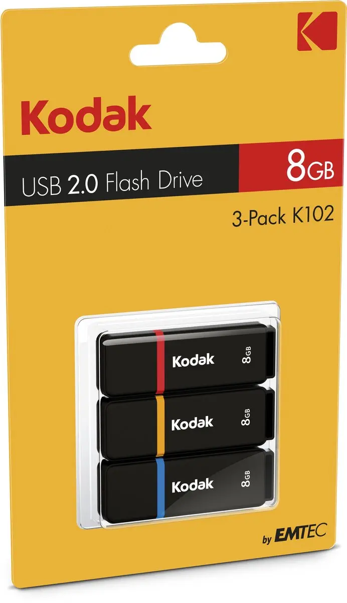 Kodak K102 Series EKMMD8GK102P3 USB Stick 8GB - 3 Stuks - Rood/Blauw/Geel/Zwart
