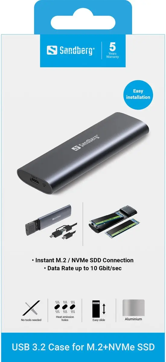 Sandberg 136-39 USB 3.2 M.2/NVMe SSD Behuizing - Zwart