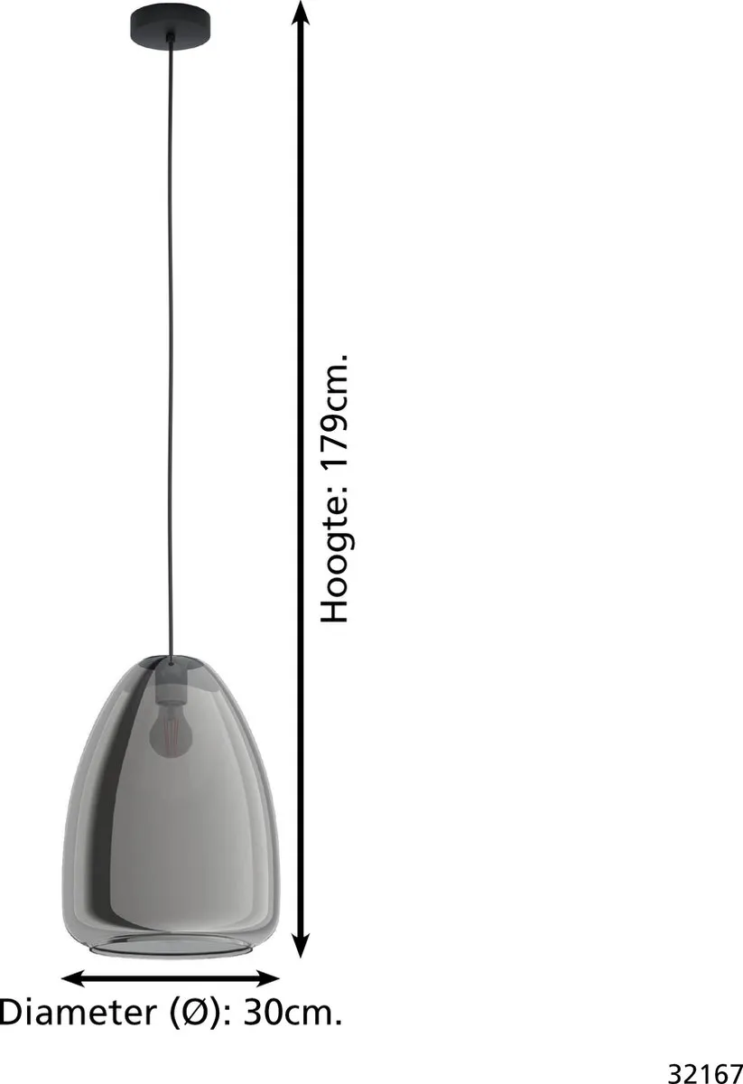 Eglo Chelvey Hanglamp E27 - Ø30cm - Glas/Metal - Zwart