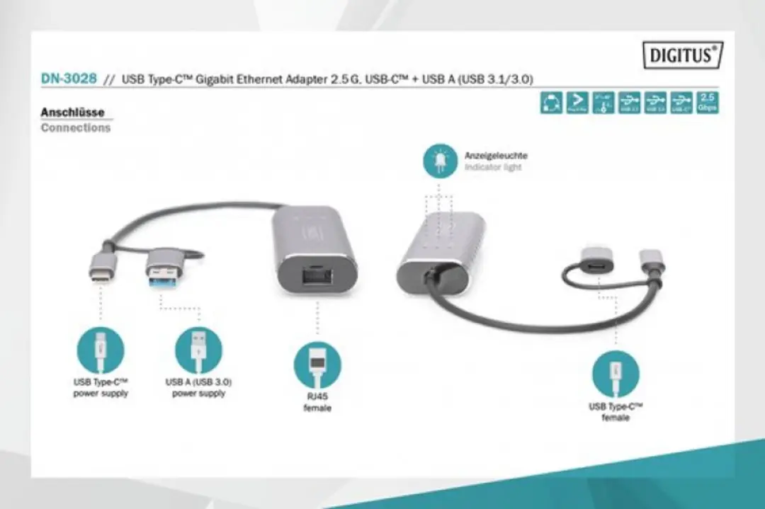 Digitus DN-3028 USB 3.1 Netwerkadapter 2.5Gbit - Kleurloos