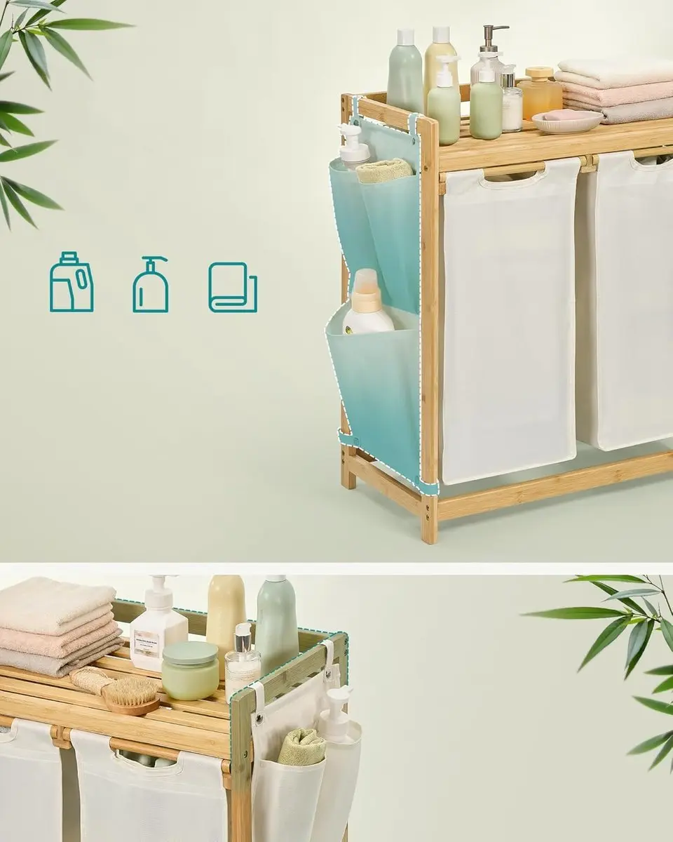 Songmics Wasmand 2 Compartimenten 100L - Bamboe - 63x33x78cm - Crèmewit/Hout