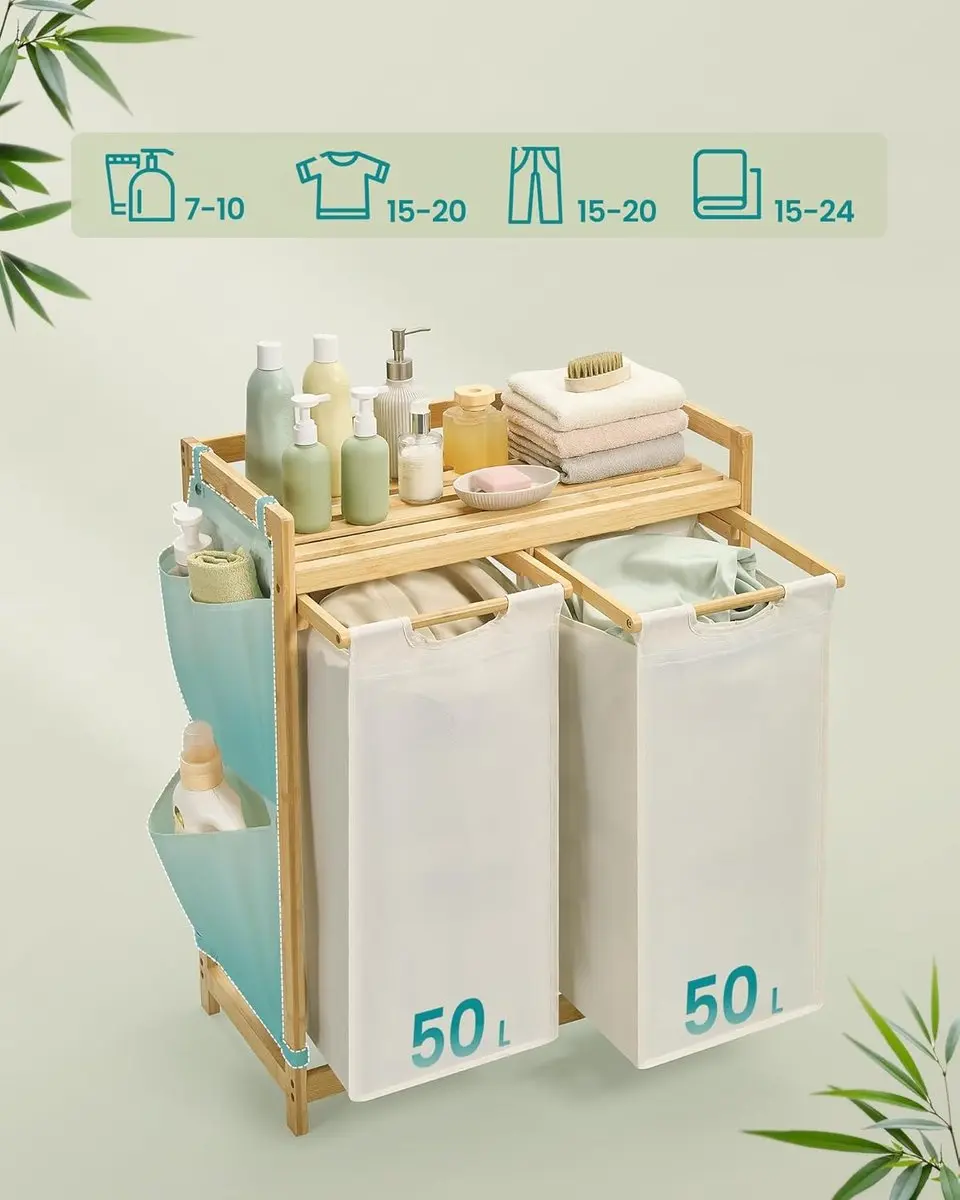 Songmics Wasmand 2 Compartimenten 100L - Bamboe - 63x33x78cm - Crèmewit/Hout