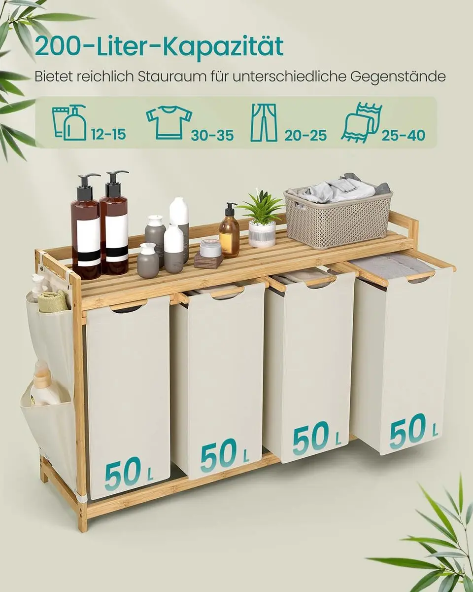 Songmics Wasmand 4 Compartimenten 200L - 124,6x33x78cm Crèmewit