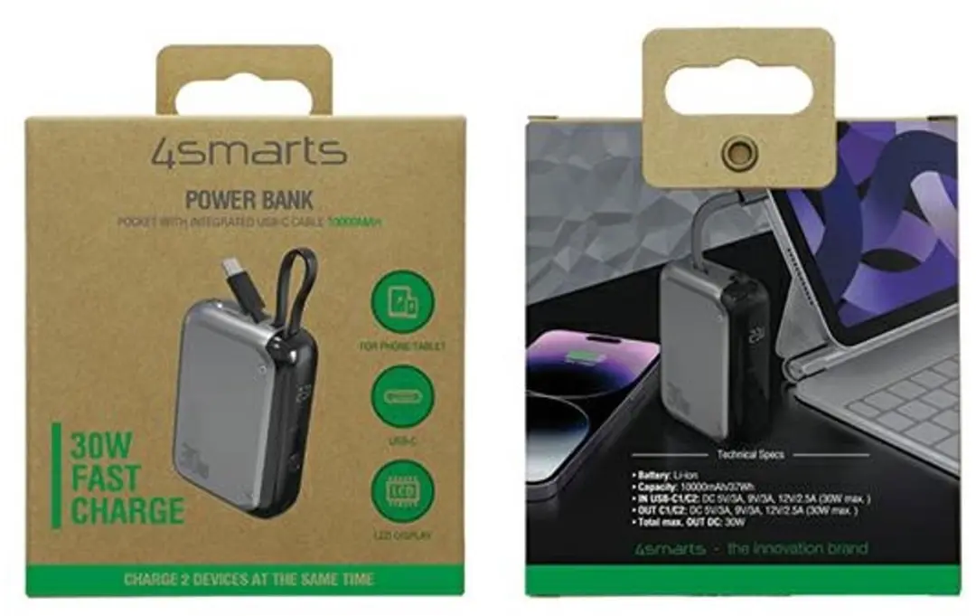 4Smarts Pocket 10.000mAh Powerbank 30W - Grijs