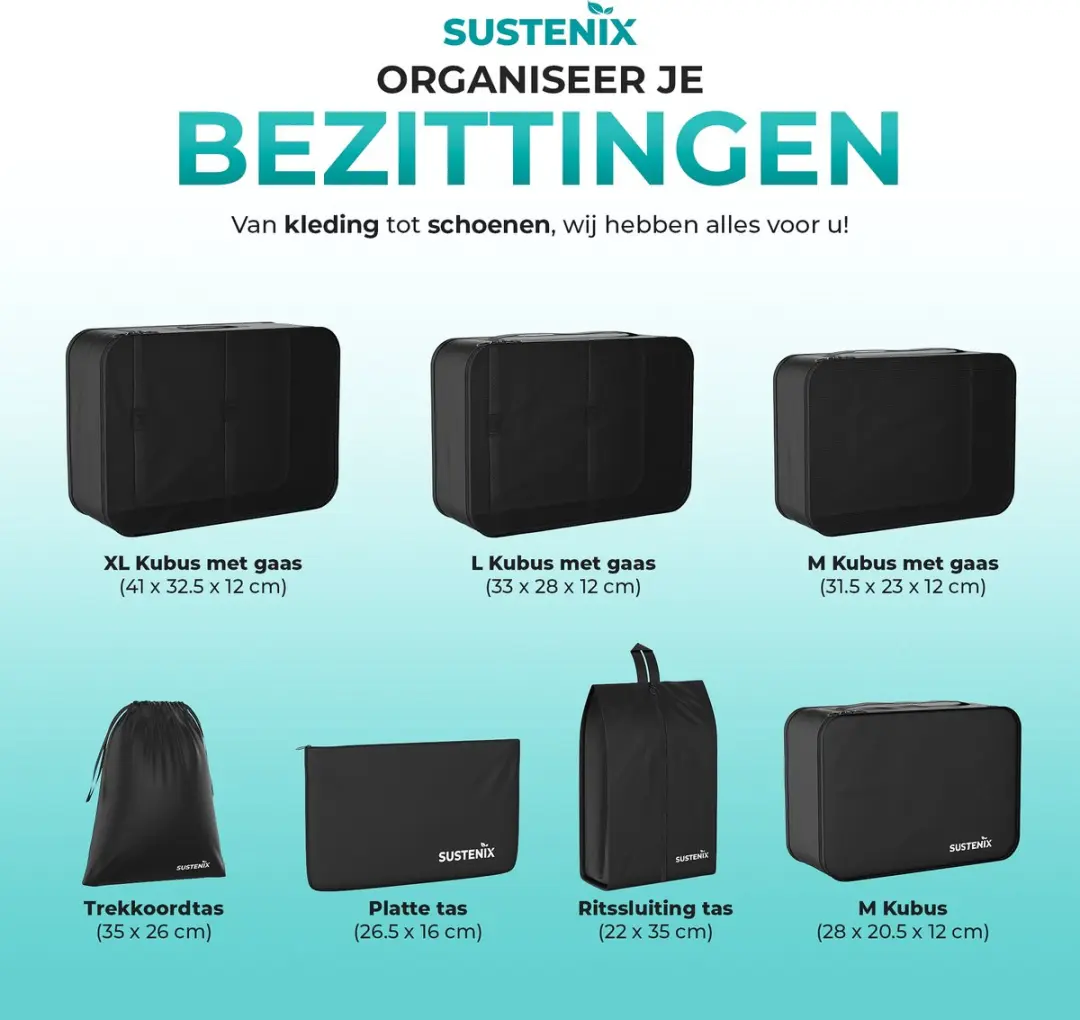 Sustenix Packing Cubes Set 7-delig - 50L - Zwart - afbeelding 6 van 6
