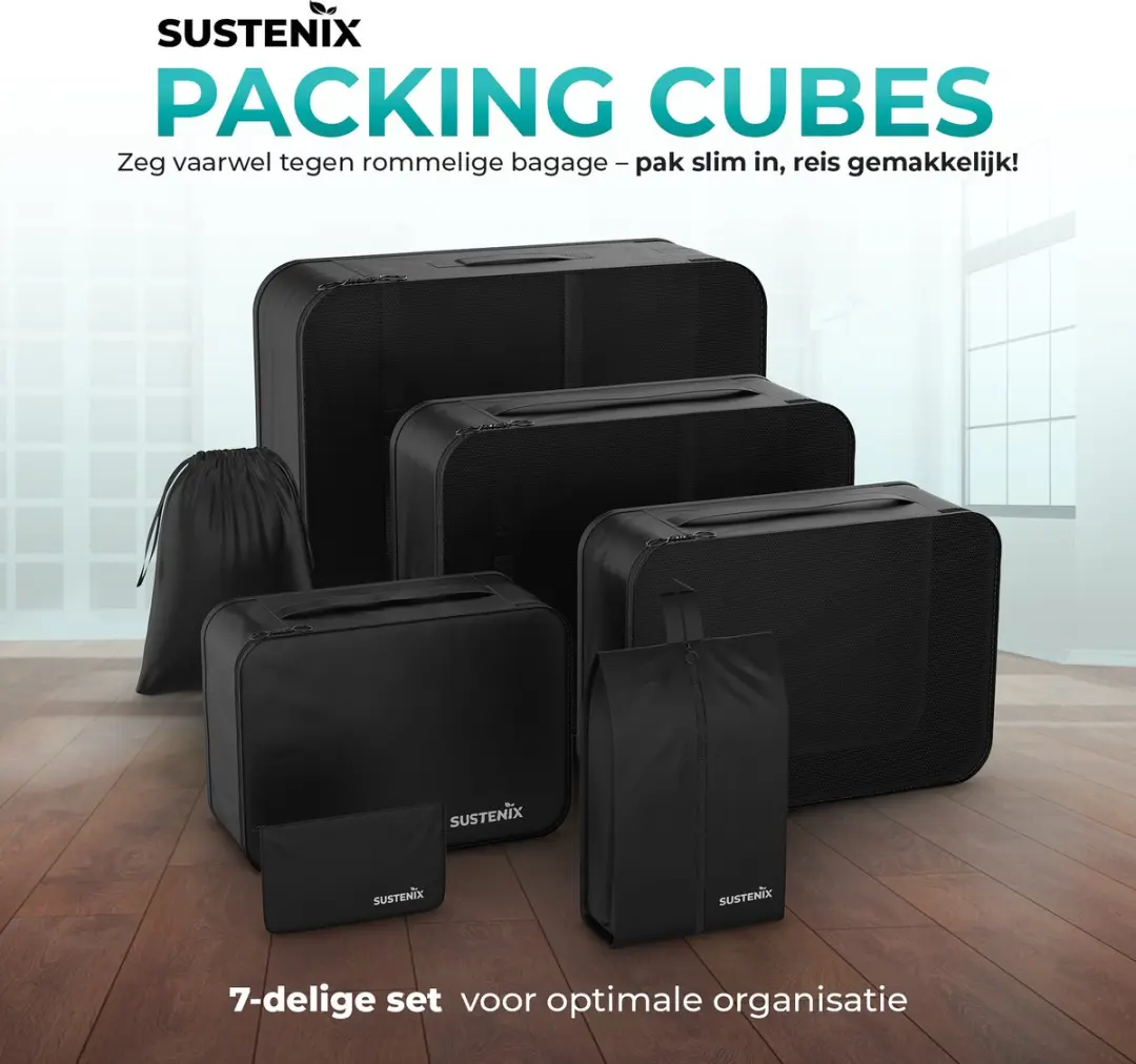 Sustenix Packing Cubes Set 7-delig - 50L - Zwart