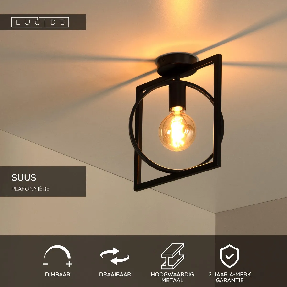 Lucide SUUS Plafondlamp E27 - Zwart