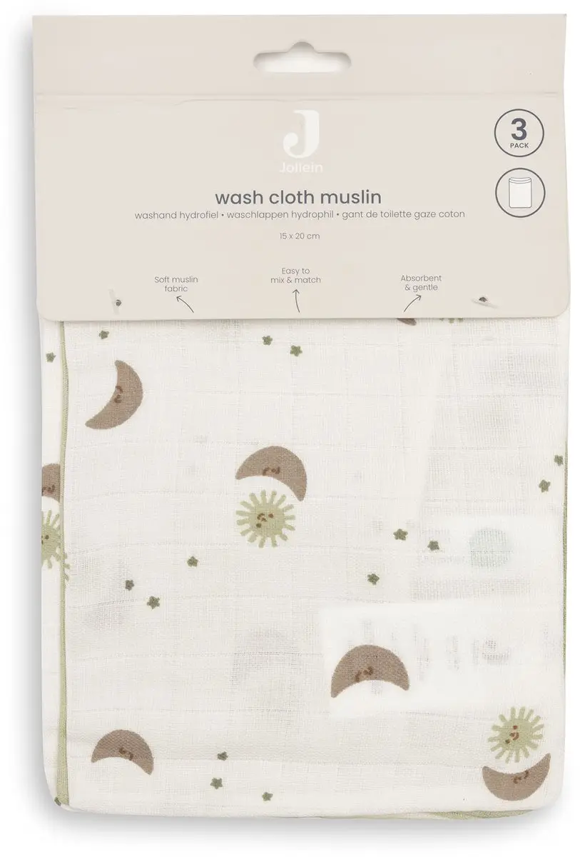 Jollein Hydrofiel Washandje Over the Moon - 15x20cm - 3 Stuks