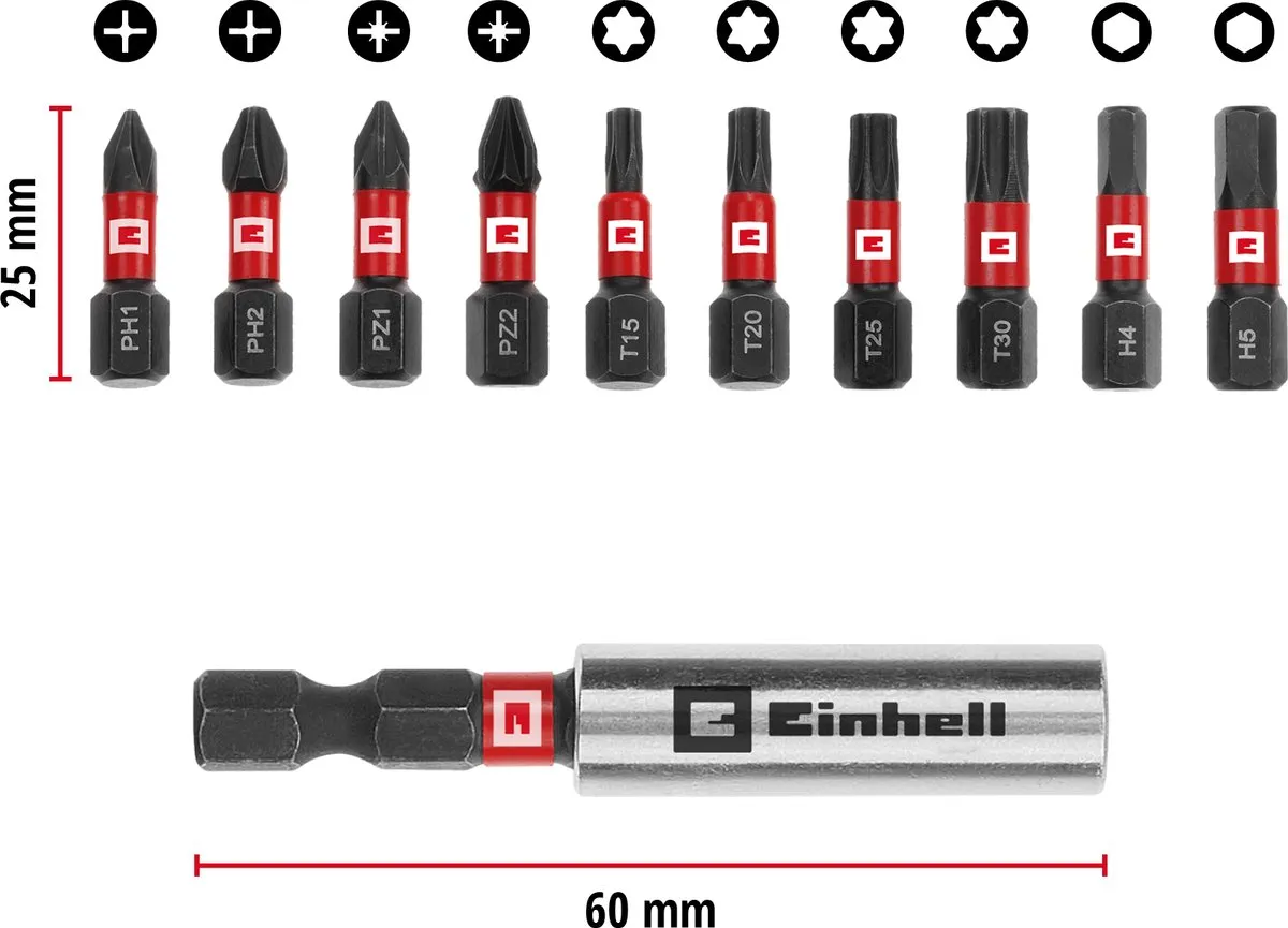 Einhell Slagbitset 11-delig - 25mm PH/PZ/T/H - S2-staal
