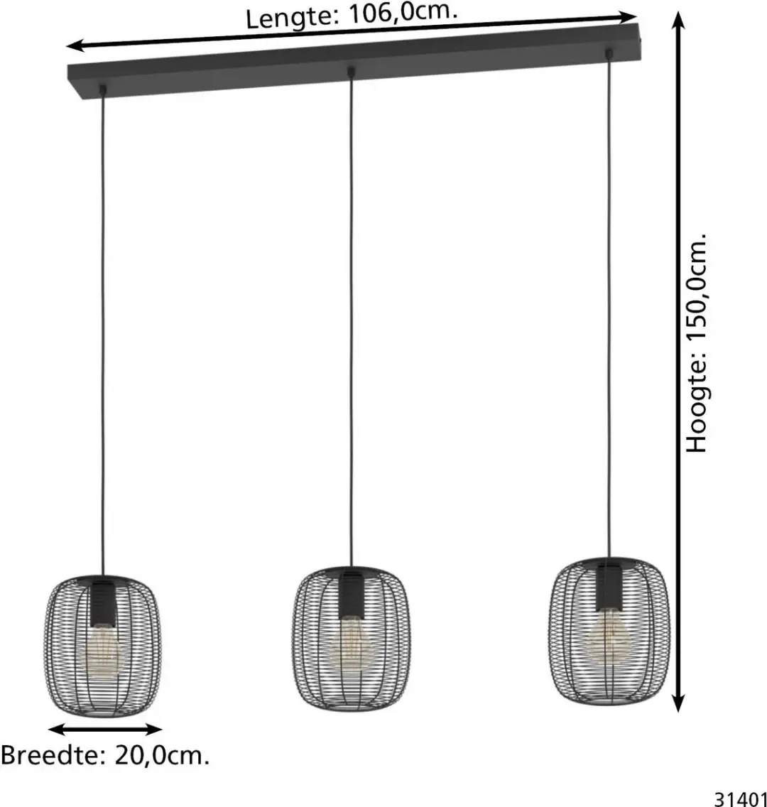 Eglo Derwen Hanglamp E27 - 3 Lichts 106cm - Zwart
