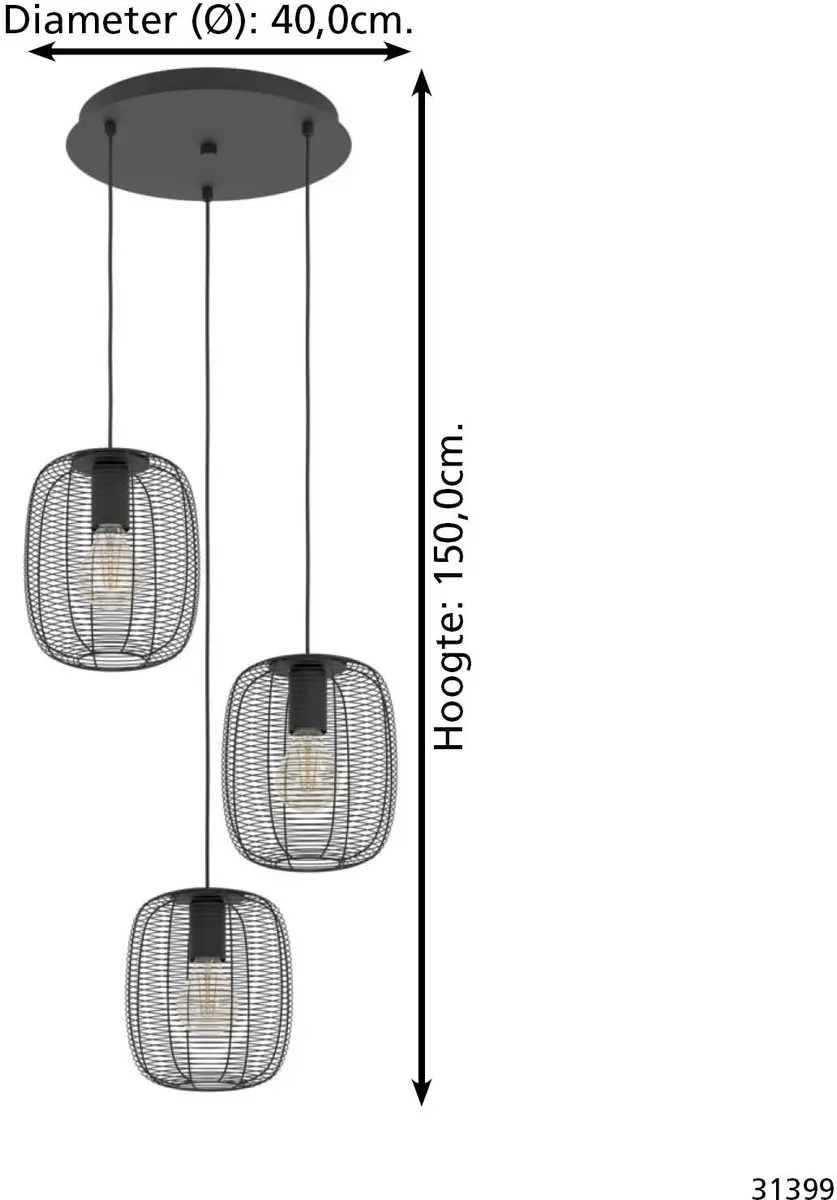 Eglo Derwen Hanglamp E27 - 3 Lichts Ø40cm - Zwart