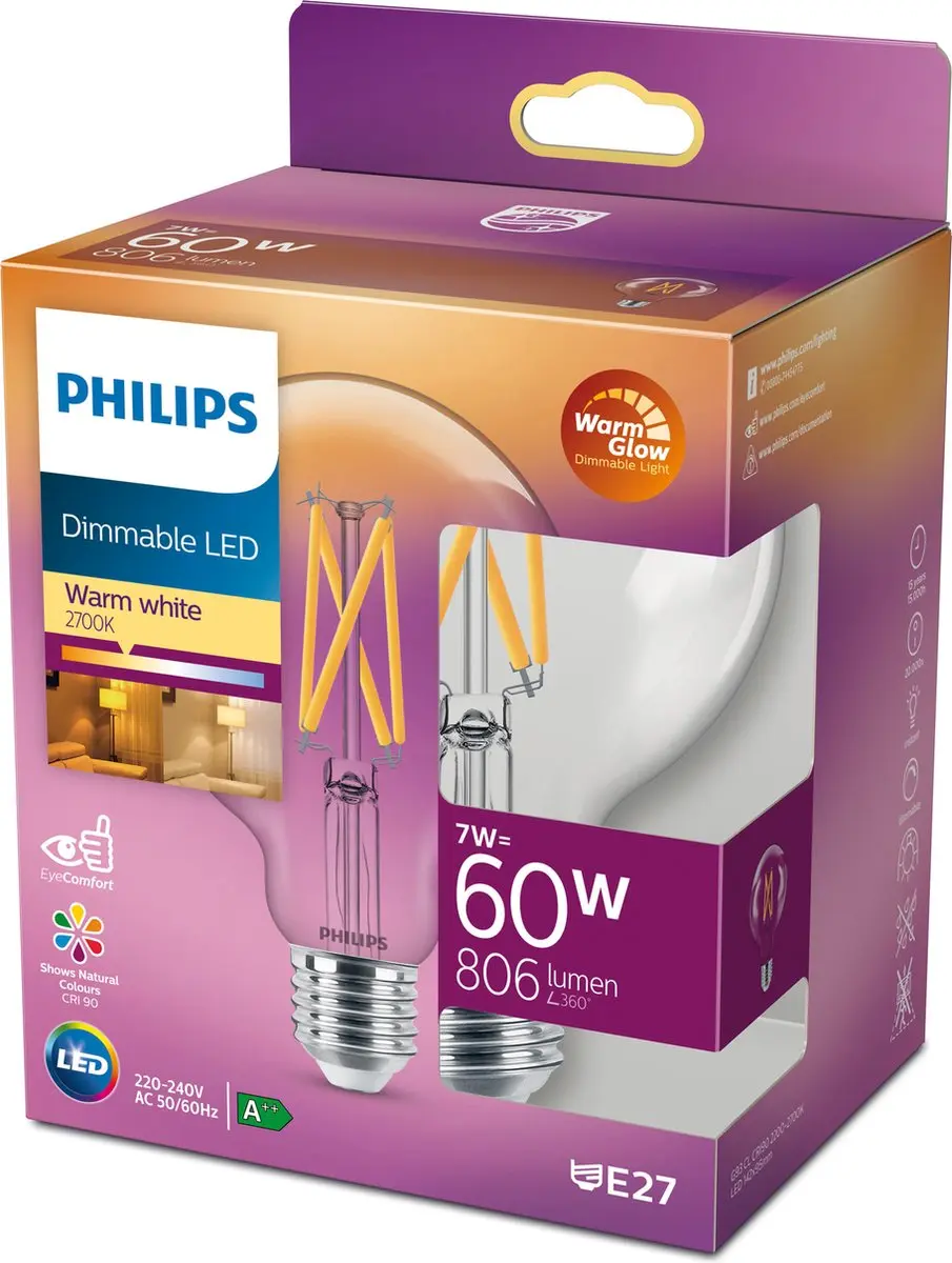 Philips LED G93 CL WGD 60W E27 Warm Wit