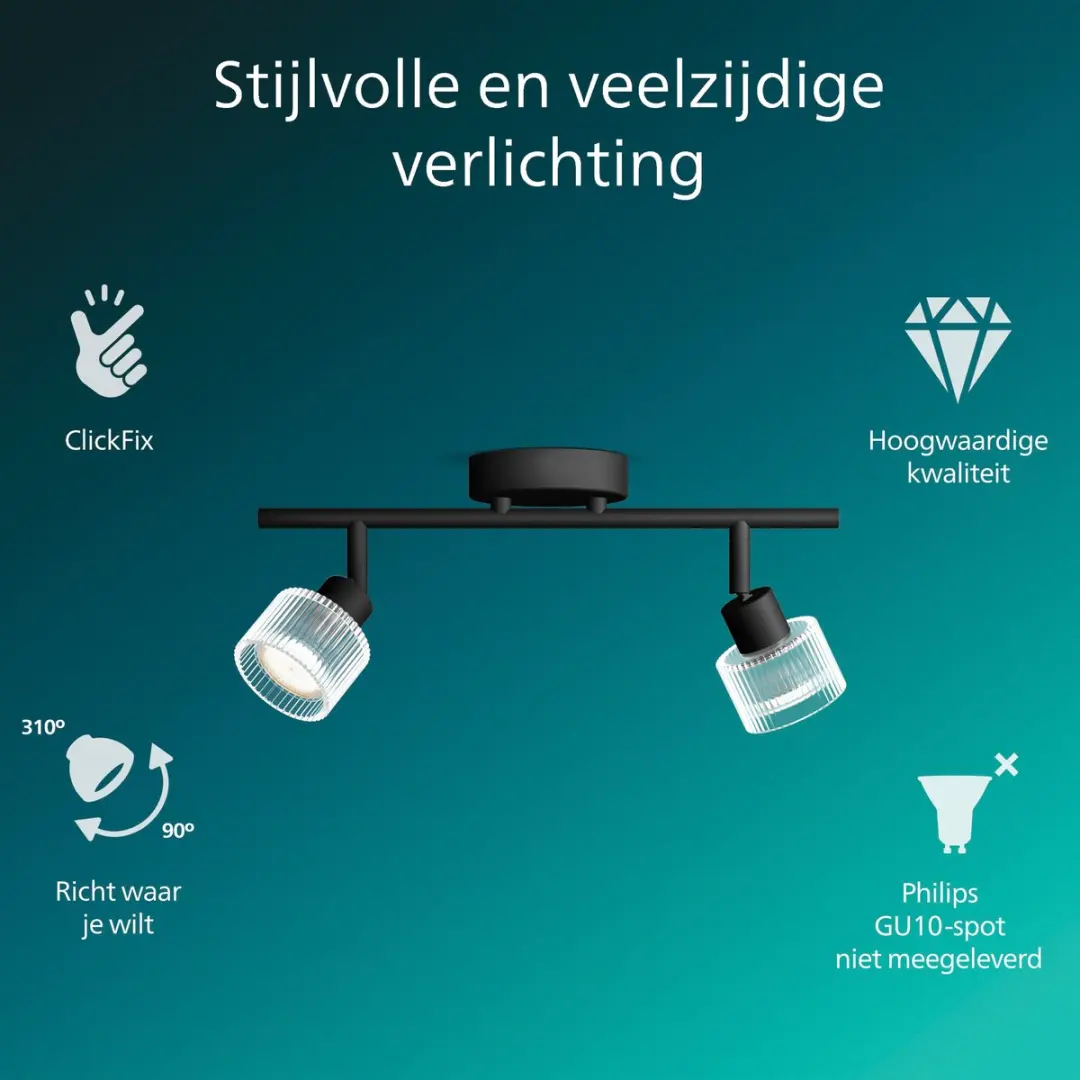 Philips Horen Opbouwspot GU10 - 2x5W Richtbaar - Zwart