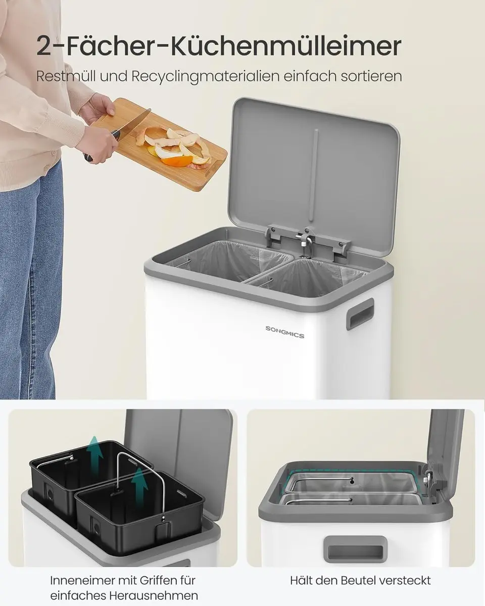 Songmics Vuilnisemmer 2x15L Afvalscheiding - Wolkenwit