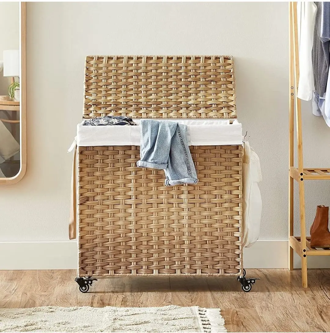 Songmics Wasmand 140L - 3 Compartimenten - Natuurlijk