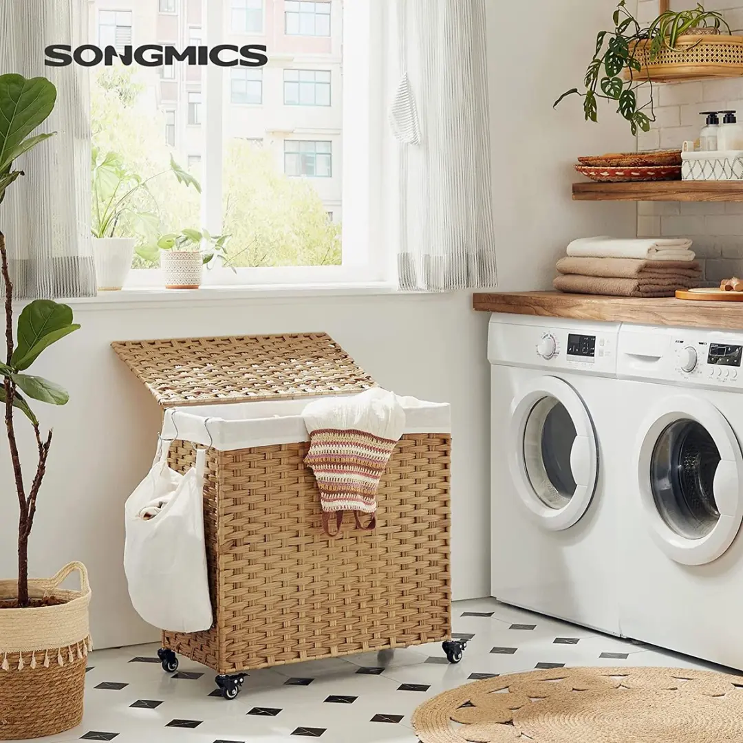 Songmics Wasmand 140L - 3 Compartimenten - Natuurlijk