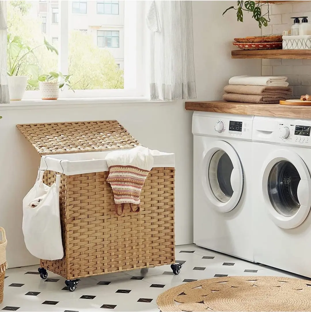 Songmics Wasmand 140L - 3 Compartimenten - Natuurlijk