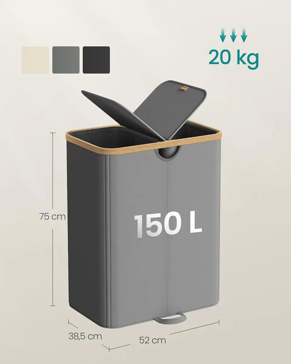 Songmics Wasmand 2 Compartimenten 150L - Grijs - afbeelding 6 van 6