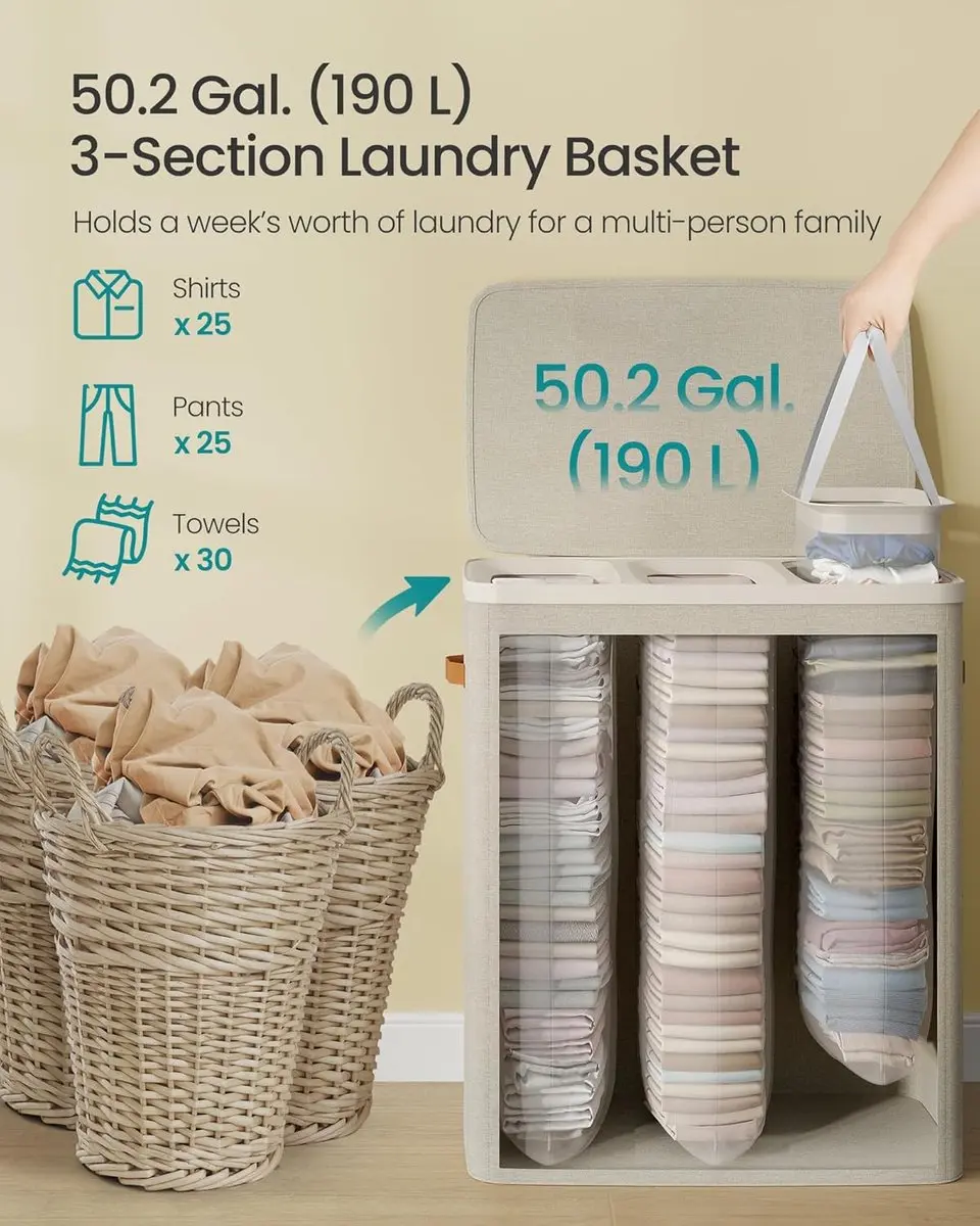 Songmics Wasmand 190L - 3 Compartimenten - Cappuccino Beige