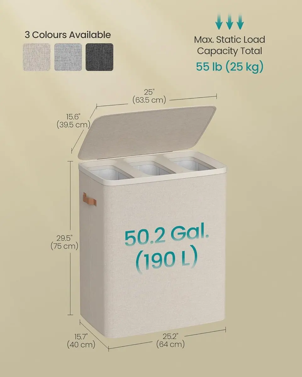 Songmics Wasmand 190L - 3 Compartimenten - Cappuccino Beige