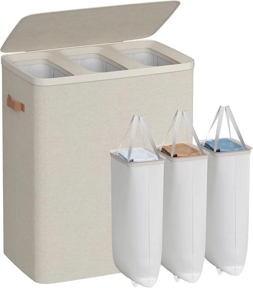 Songmics Wasmand 190L - 3 Compartimenten - Cappuccino Beige