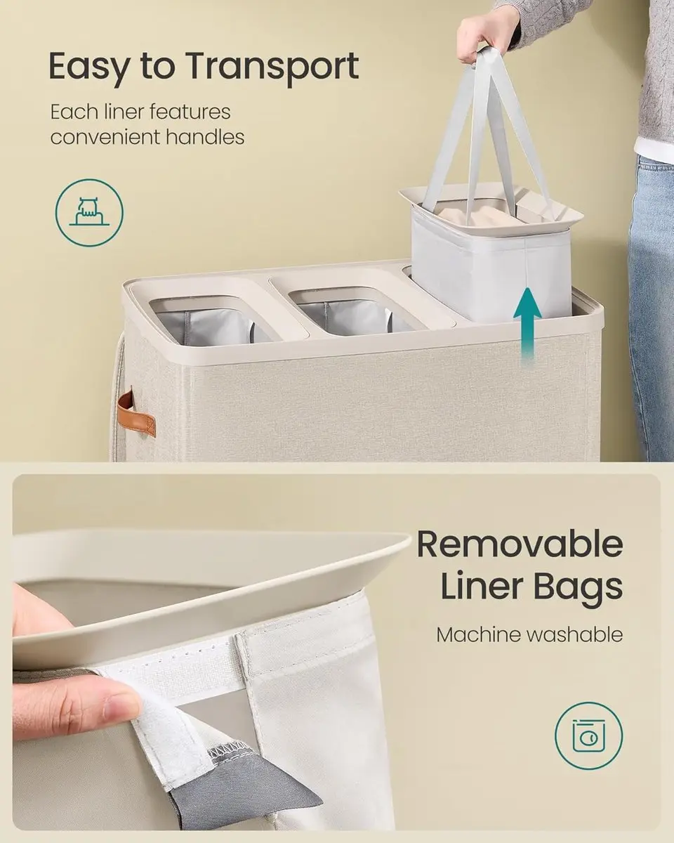 Songmics Wasmand 190L - 3 Compartimenten - Cappuccino Beige - afbeelding 6 van 6