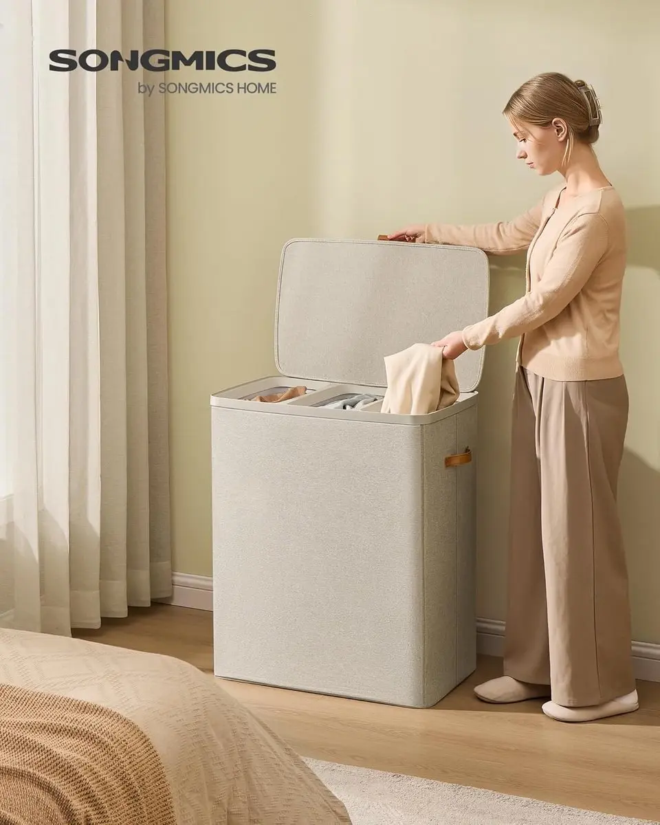 Songmics Wasmand 190L - 3 Compartimenten - Cappuccino Beige