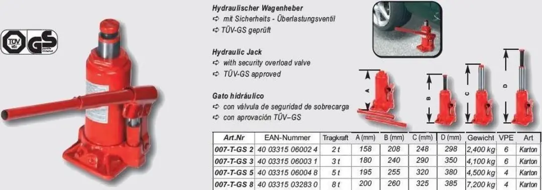 Brüder Mannesmann Hydraulische Krik 2t - 15,8-30,8cm Rood
