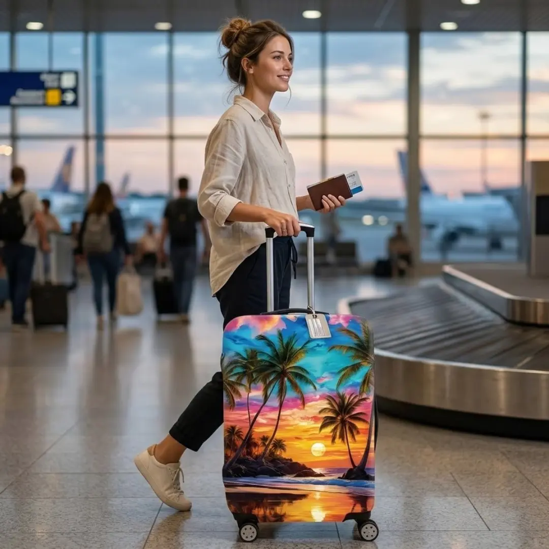 NuveX Kokosboom Kofferhoes L - 55-61cm - Strand & Zonsondergang