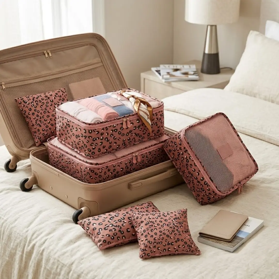 NuveX Roze Luipaard Reisorganizer Set 6-delig