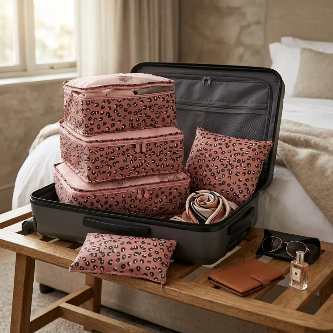 NuveX Roze Luipaard Reisorganizer Set 6-delig