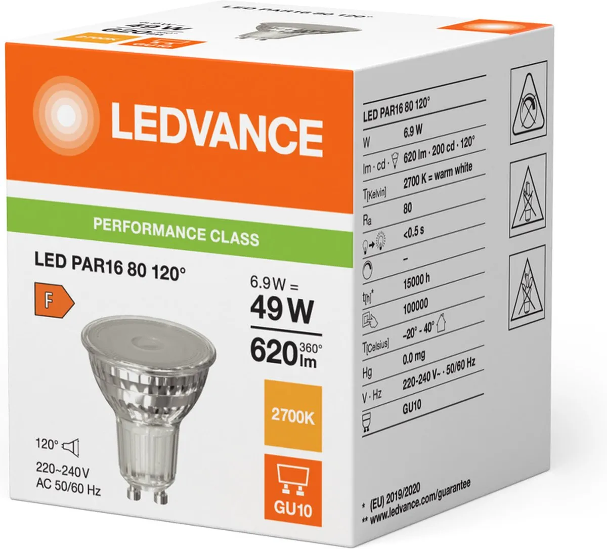 LEDVANCE Performance GU10 PAR16 6.9W 620lm 120° - Zeer Warm Wit