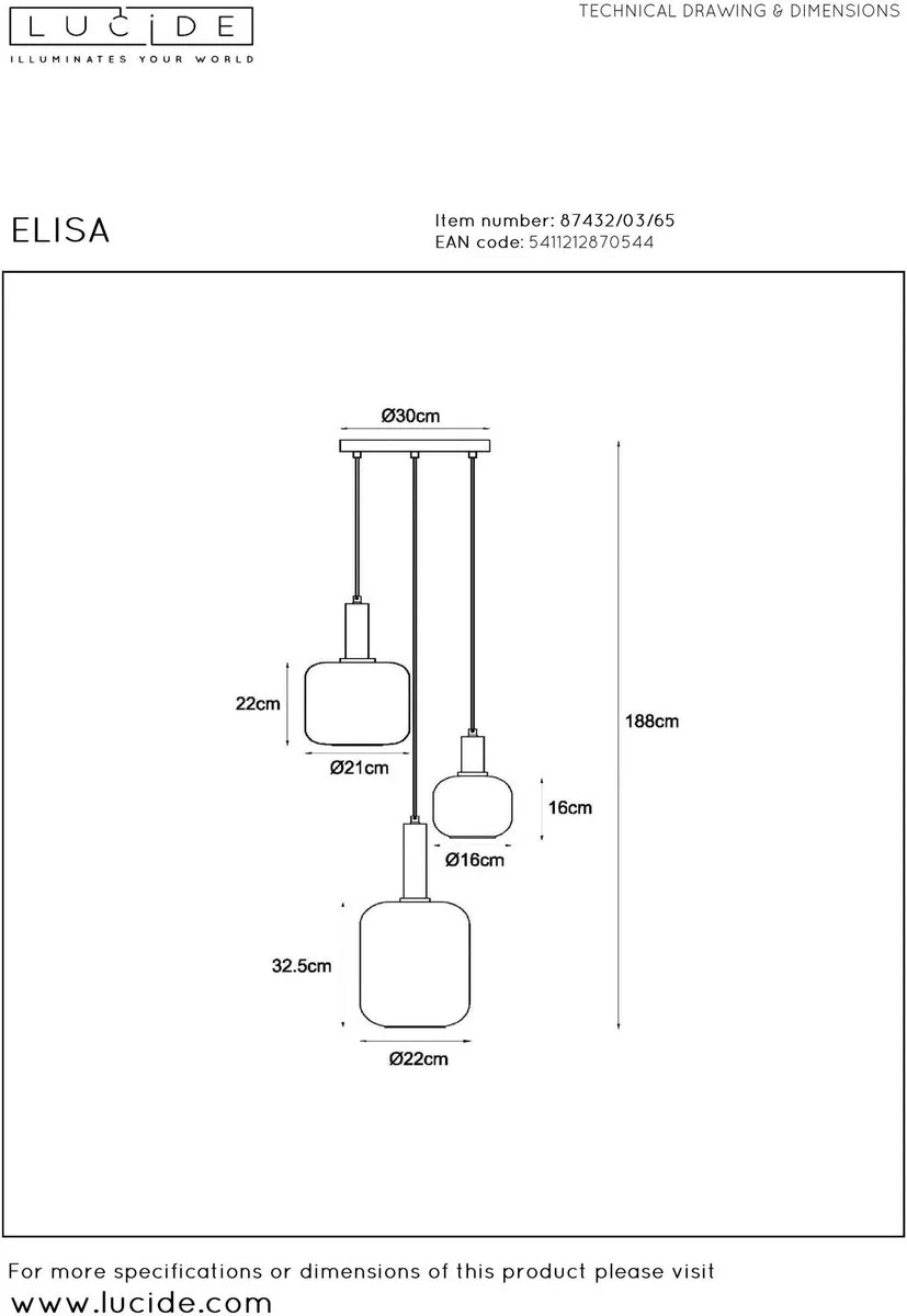 Lucide ELISA Hanglamp 3xE27 Fumé
