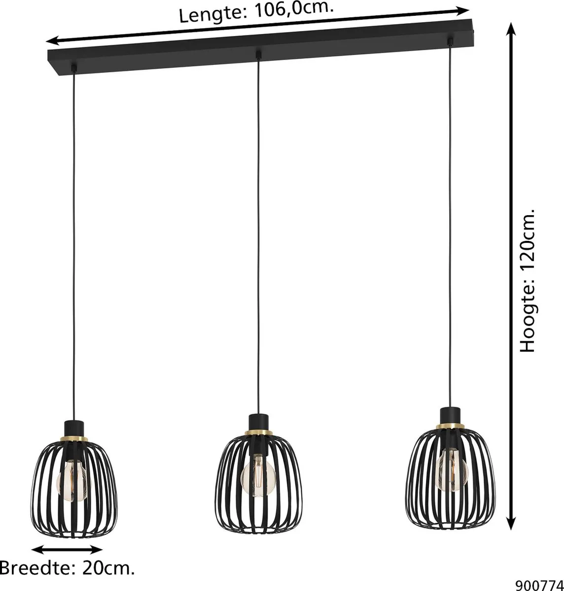 Eglo Pocicas Hanglamp 106cm - 3 Lichtpunten - Zwart/Goud - afbeelding 6 van 6