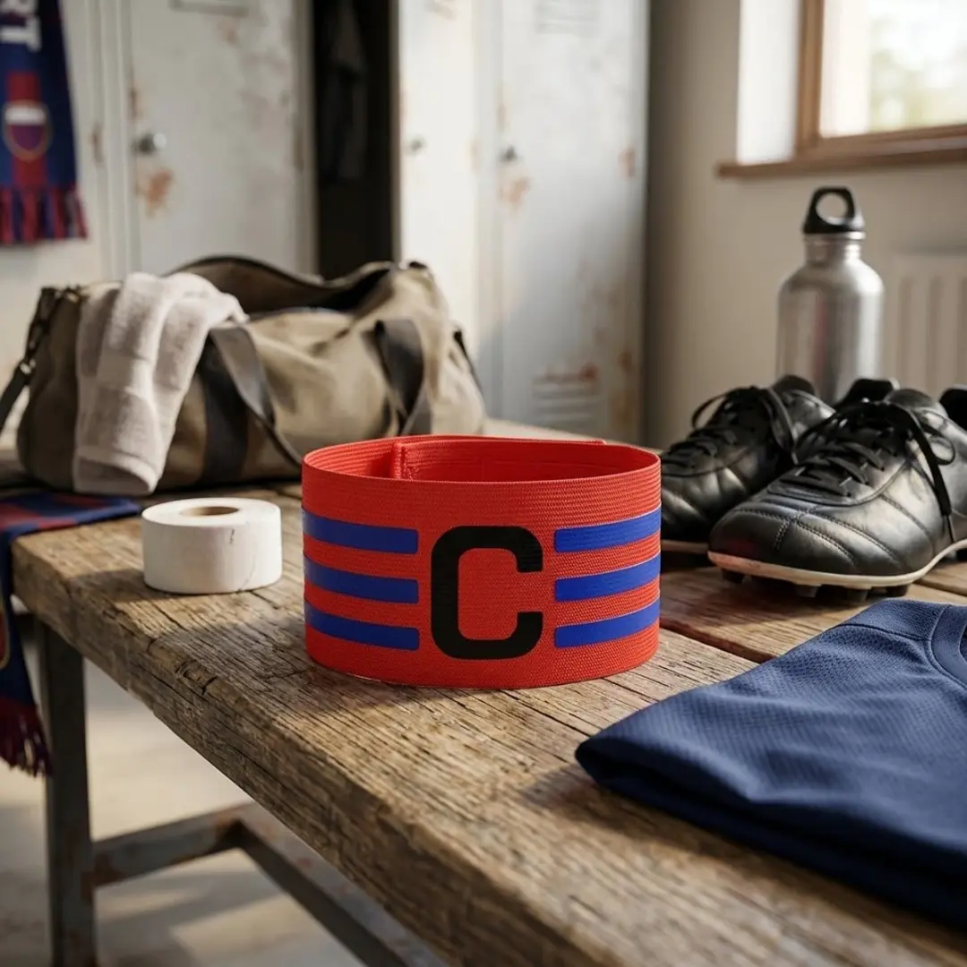 NuveX Aanvoerdersband Voetbal - Rode polyester polsband met C en blauwe strepen