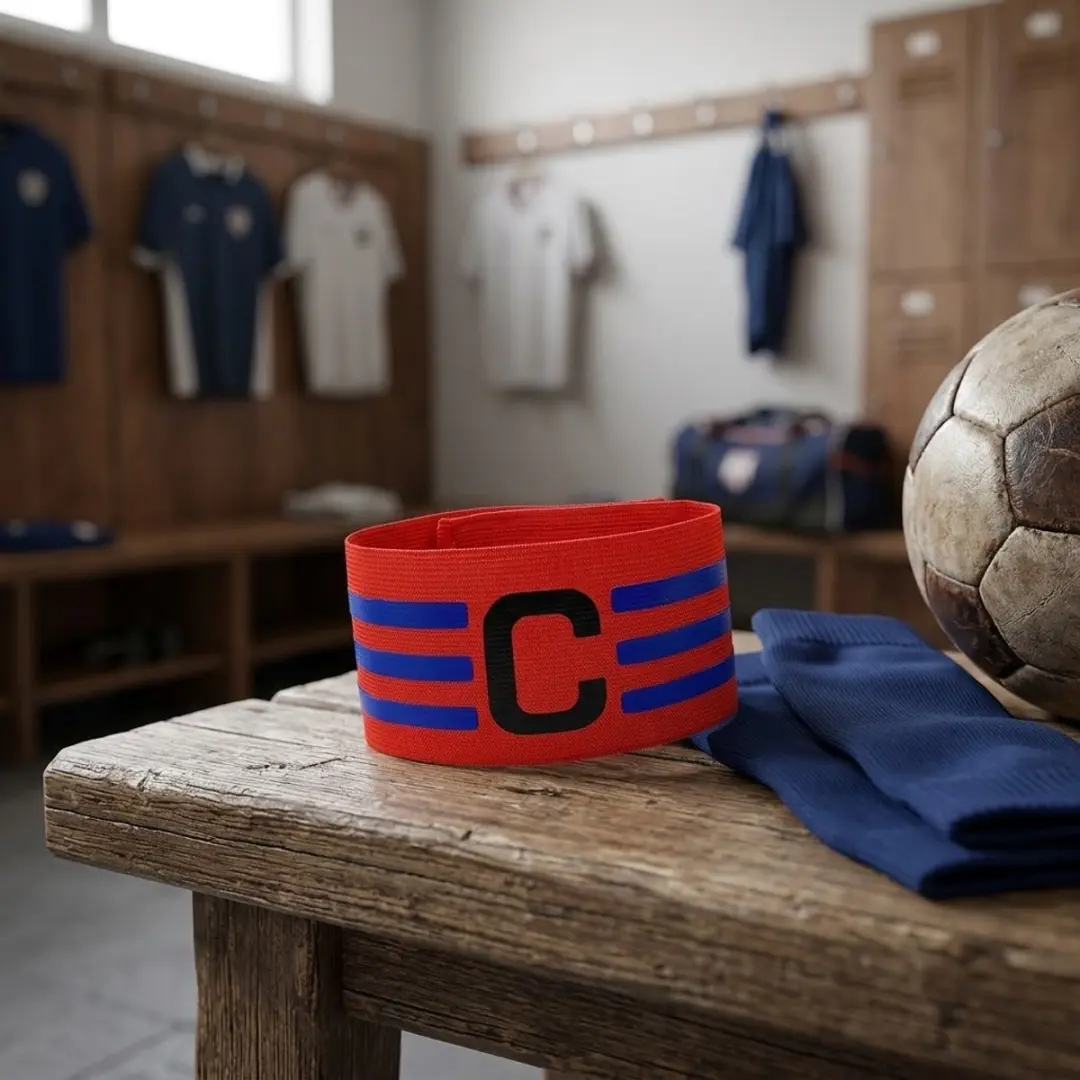 NuveX Aanvoerdersband Voetbal - Rode polyester polsband met C en blauwe strepen