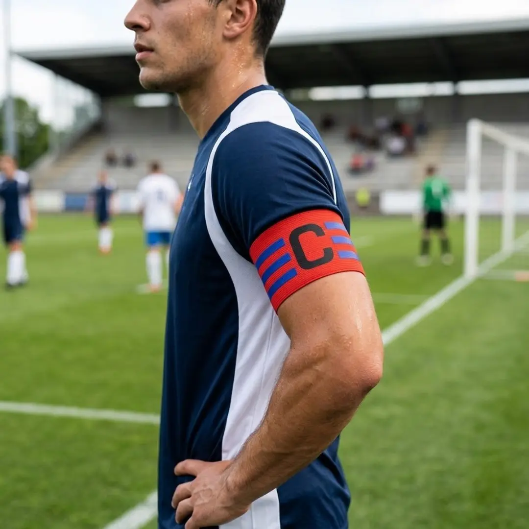 NuveX Aanvoerdersband Voetbal - Rode polyester polsband met C en blauwe strepen