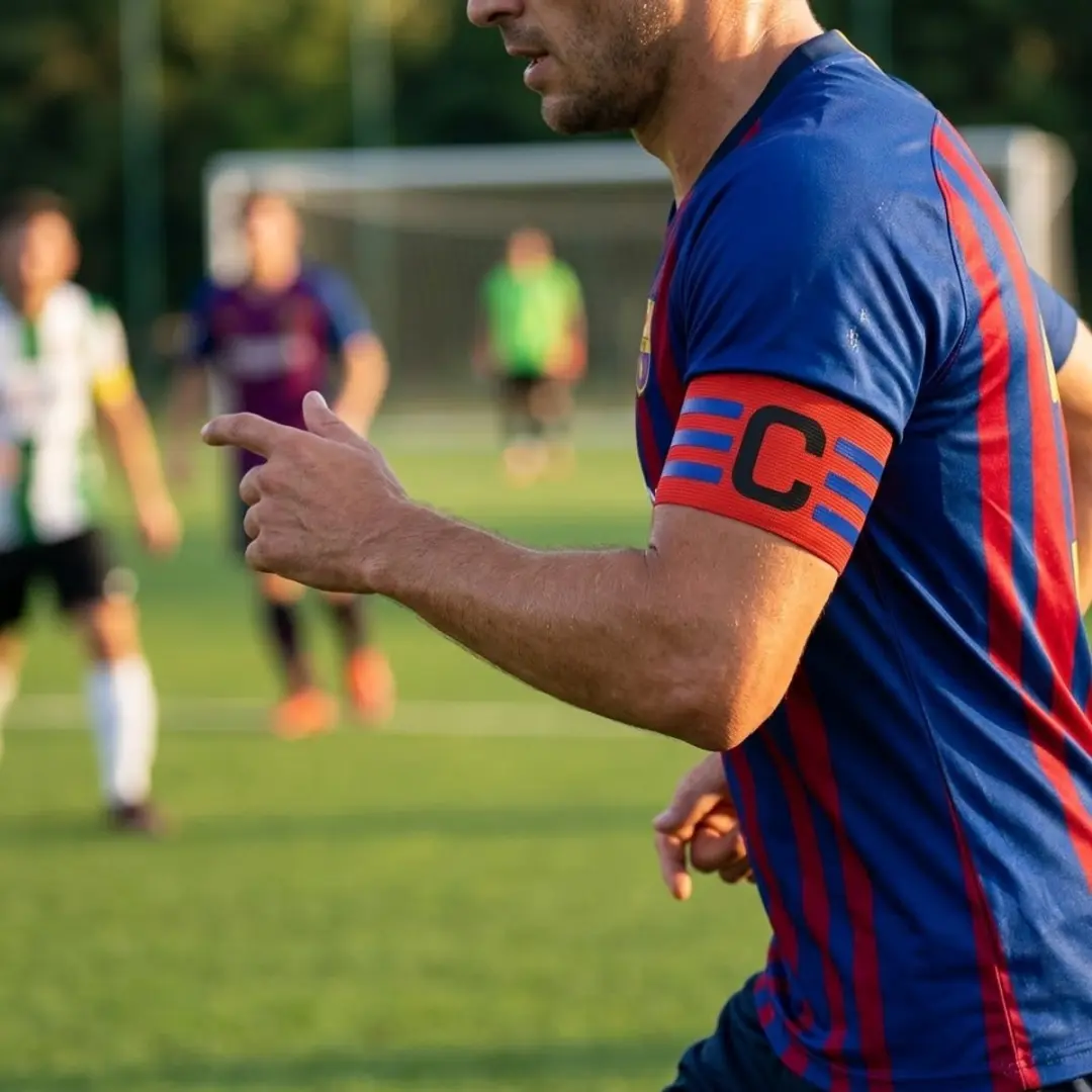 NuveX Aanvoerdersband Voetbal - Rode polyester polsband met C en blauwe strepen