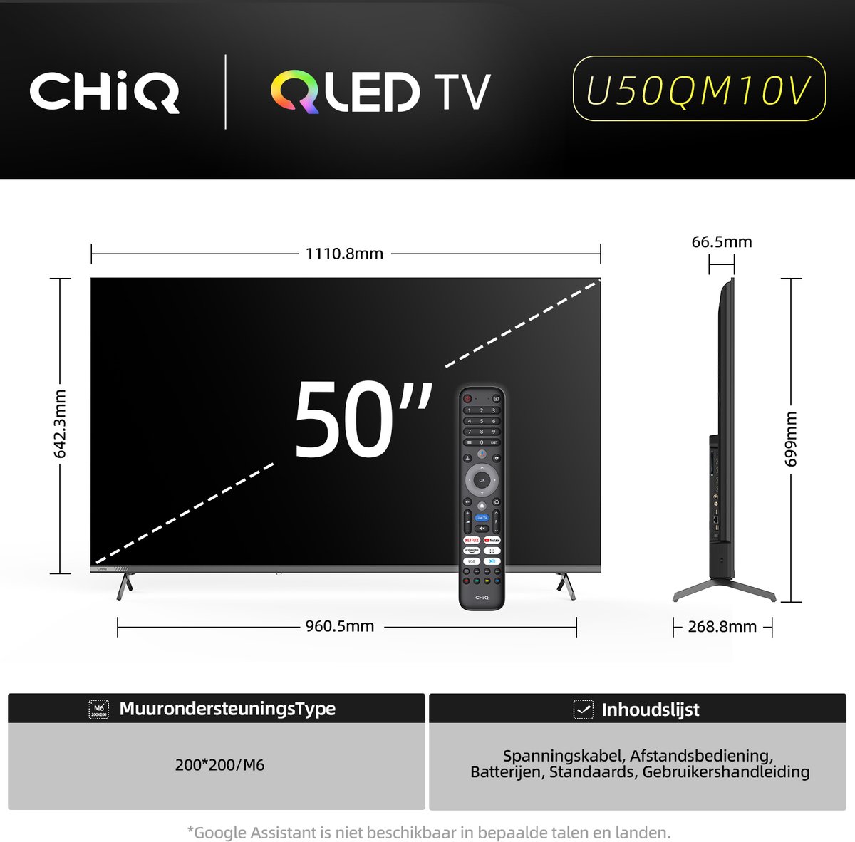 CHiQ U50QM10V - Smart TV 50 Inch - QLED Pro Google TV - 4K UHD - Randloos Metal Design - Dolby Audio - 2025 Nieuw
