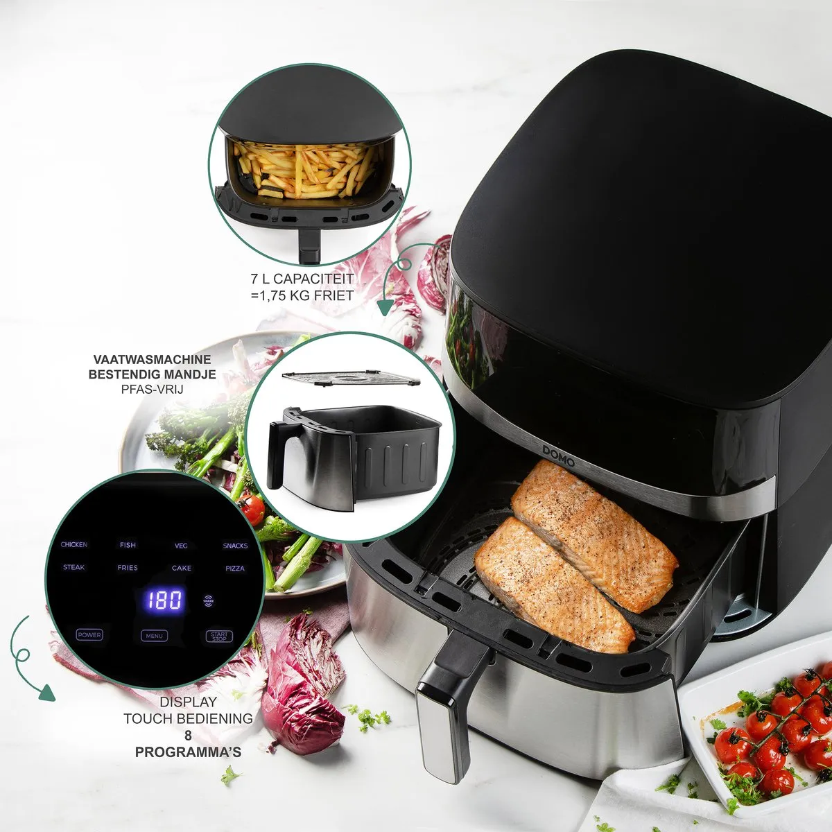 Domo DO547FR Airfryer XXL 7L - 1800W - Inox/Zwart