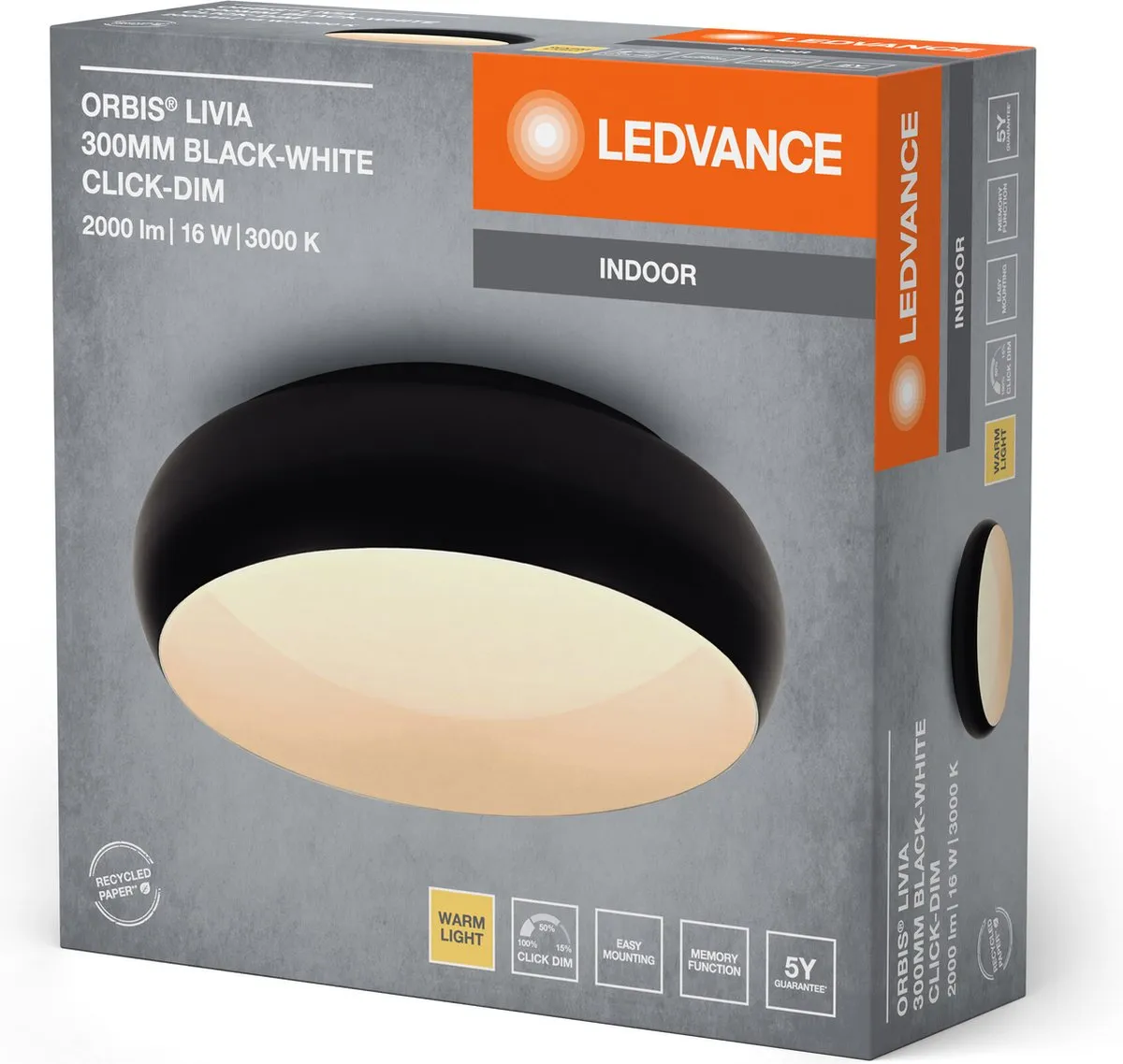 LEDVANCE Orbis Livia Plafondlamp 16W 1000lm - Zwart-wit 300mm