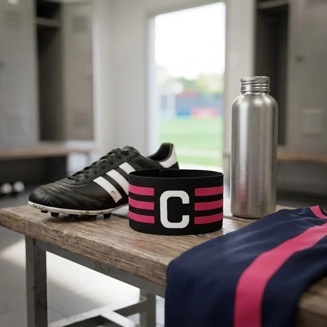 NuveX Aanvoerdersband Voetbal - Zwart met roze strepen - C-letter