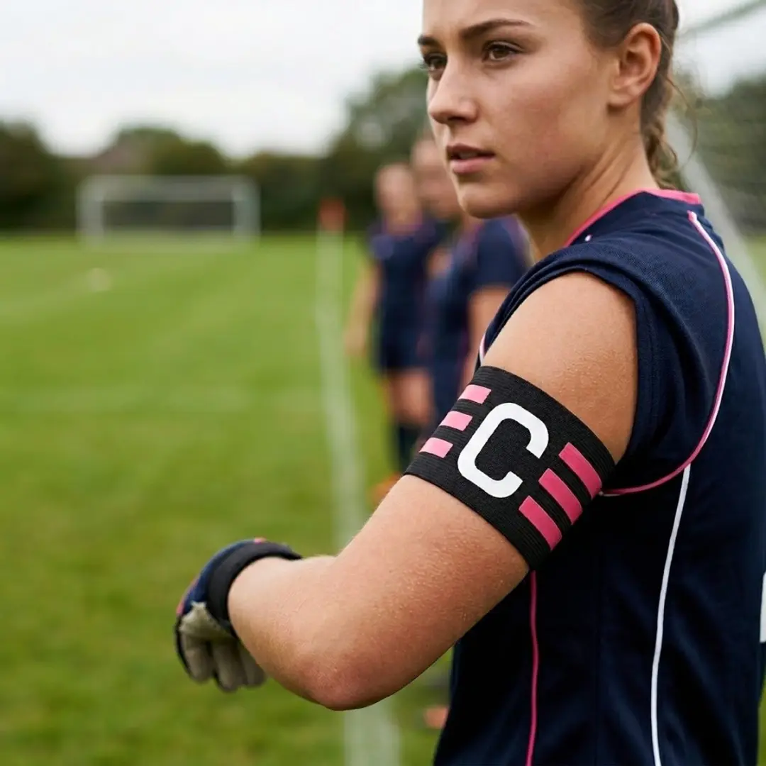 NuveX Aanvoerdersband Voetbal - Zwart met roze strepen - C-letter