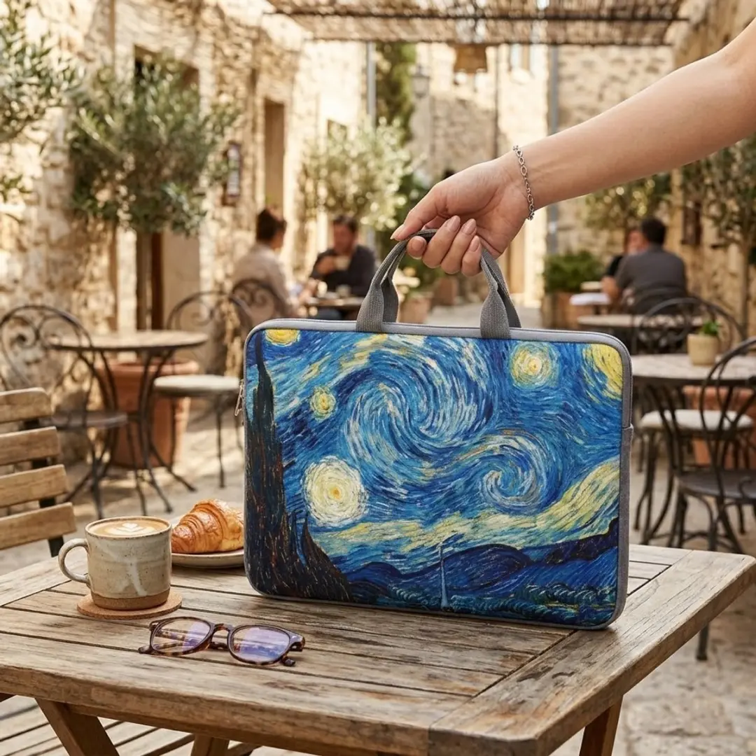 NUVEX Laptophoes 14 inch - Sterren Nacht Swirl Print - Blauw/Geel
