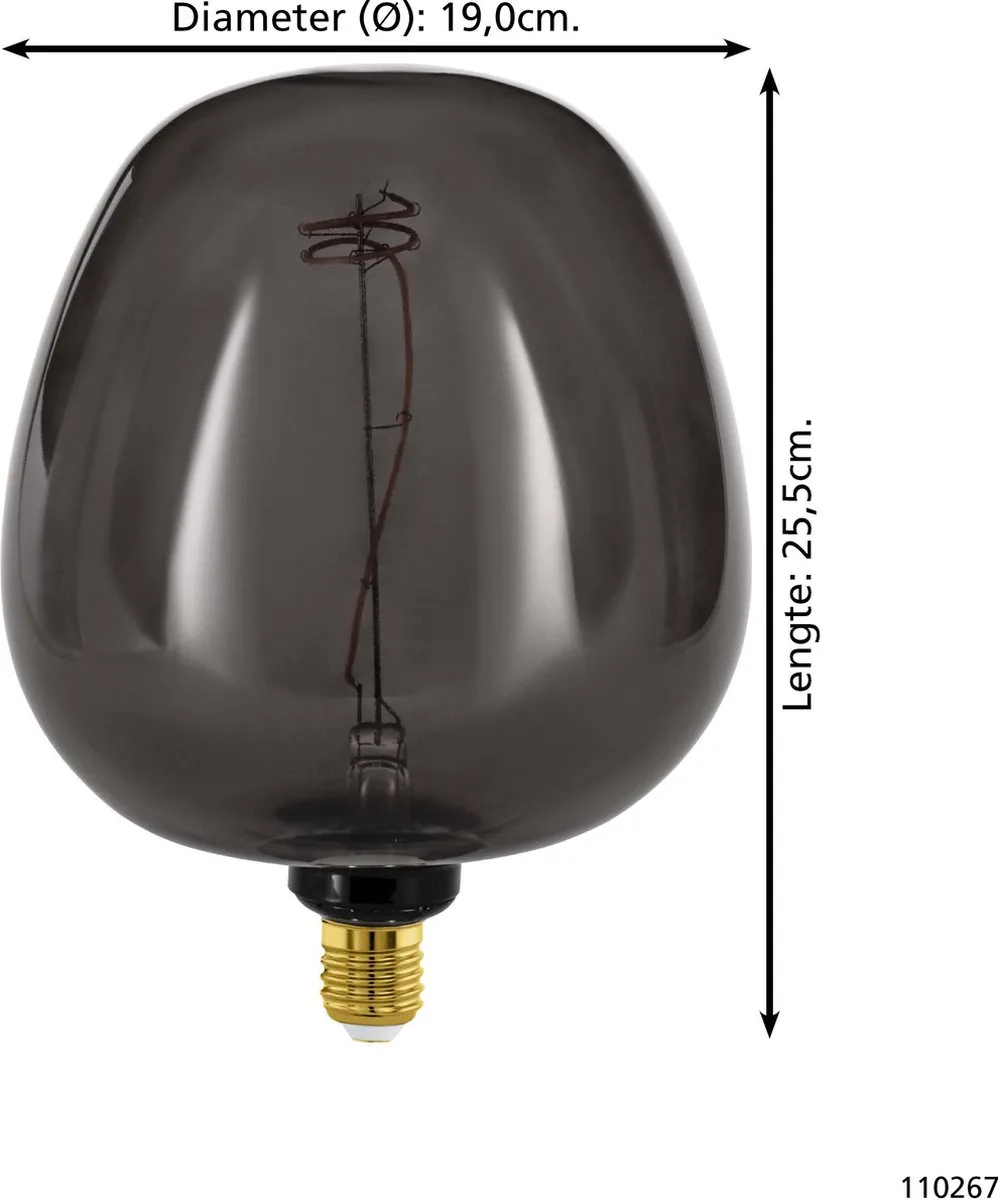 Eglo LED Lamp E27 Ø19cm G190 - Rookglas - 2000K - Dimbaar
