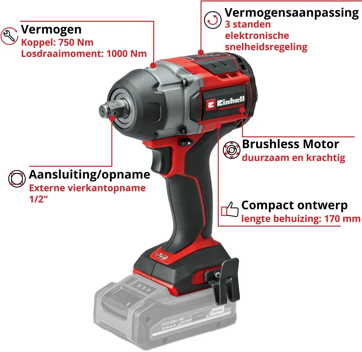 Einhell Professional TP-CW 18/750-C Li BL Accu Slagschroefmachine - Solo